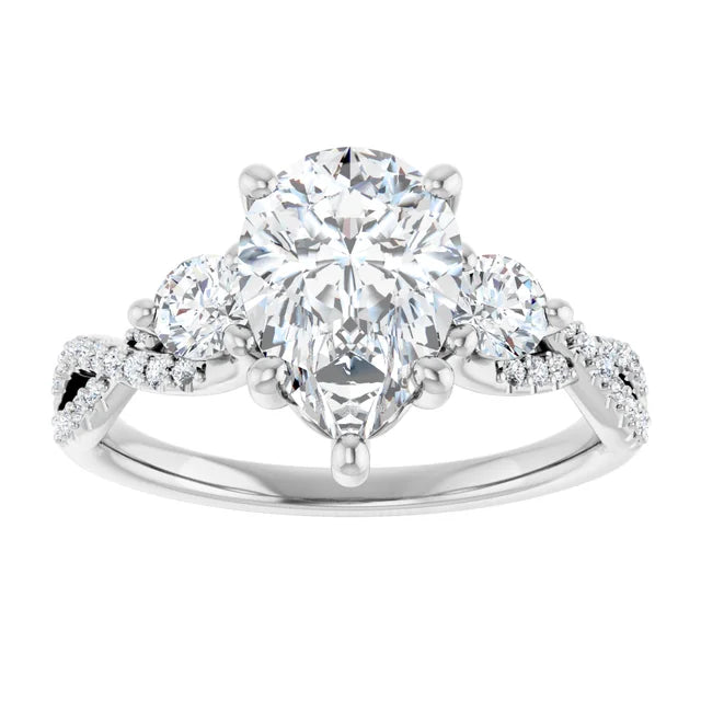 Twisted Pave Engagement Ring with 2 Side Stones