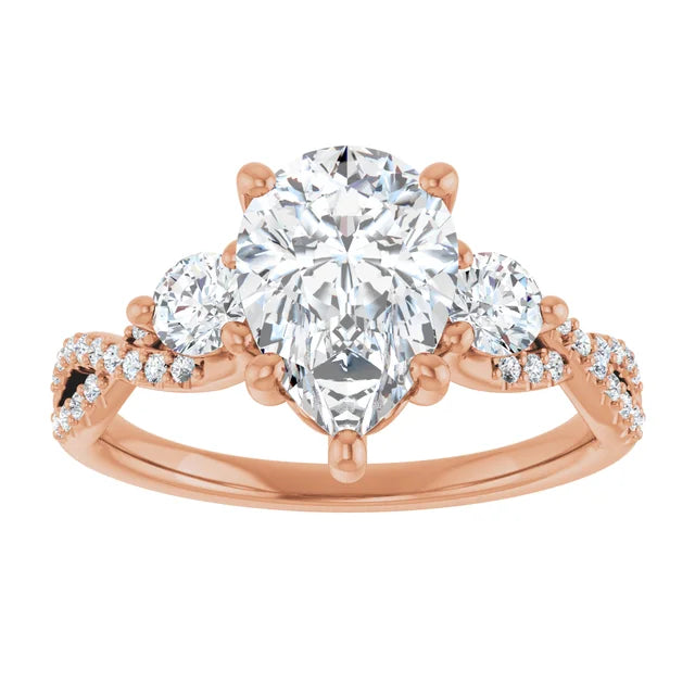 Twisted Pave Engagement Ring with 2 Side Stones
