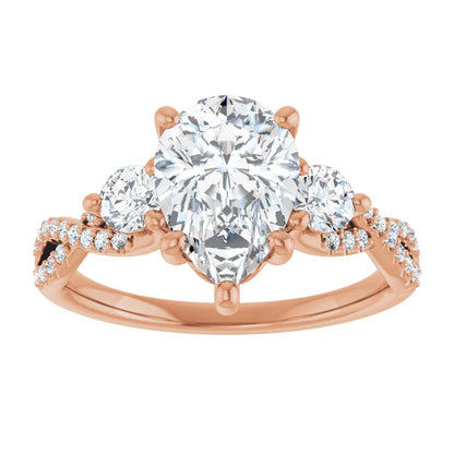 Twisted Pave Engagement Ring with 2 Side Stones
